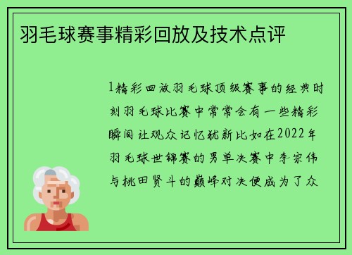 羽毛球赛事精彩回放及技术点评